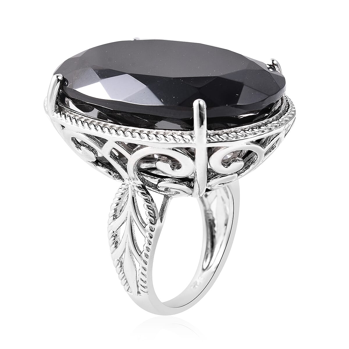 Natural Boi Ploi Black Spinel (Ovl 30x20 mm) Solitaire Ring in Rhodium Overlay Sterling Silver 50.00 Ct, Silver wt 8.37 Gms