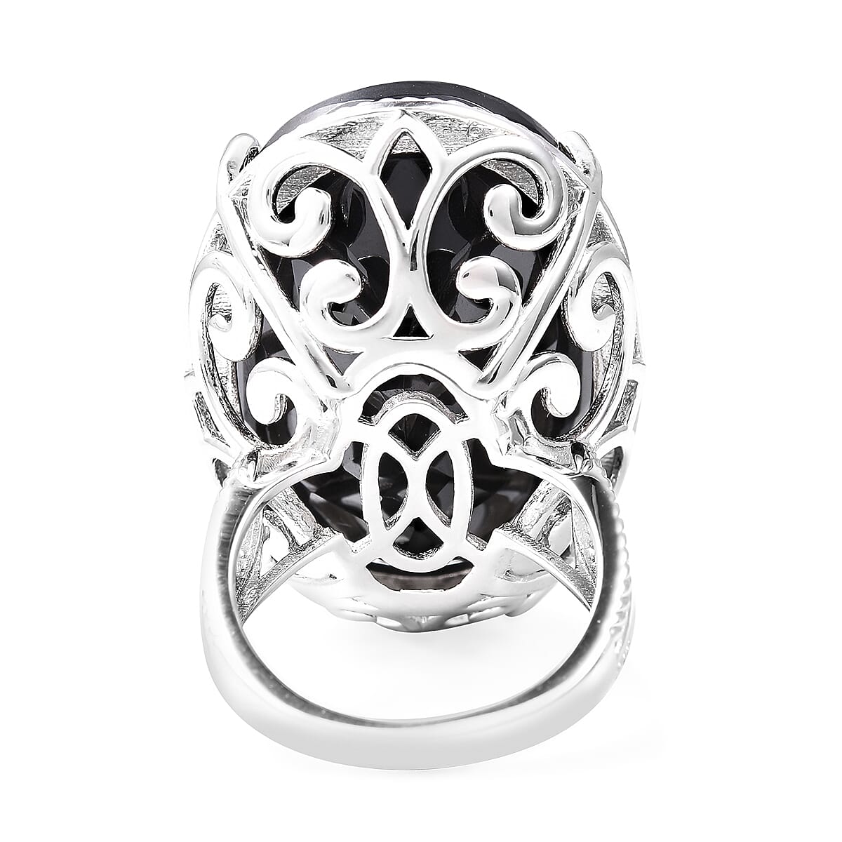 Natural Boi Ploi Black Spinel (Ovl 30x20 mm) Solitaire Ring in Rhodium Overlay Sterling Silver 50.00 Ct, Silver wt 8.37 Gms