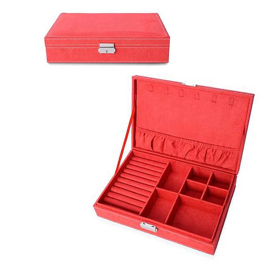 Velvet Multiple Compartment Jewellery Box with Lock (Size 28x18.5x6.5 Cm) - Red