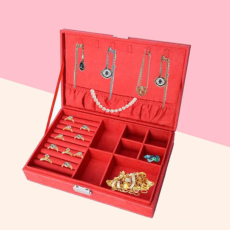 Velvet Multiple Compartment Jewellery Box with Lock (Size 28x18.5x6.5 Cm) - Red