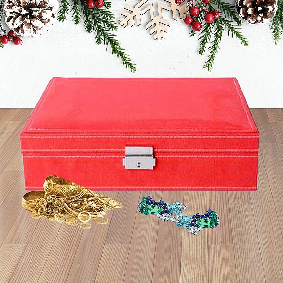 Velvet Multiple Compartment Jewellery Box with Lock (Size 28x18.5x6.5 Cm) - Red