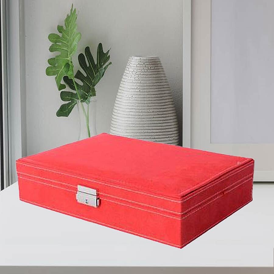 Velvet Multiple Compartment Jewellery Box with Lock (Size 28x18.5x6.5 Cm) - Red