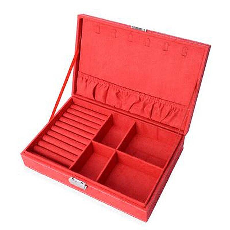 Velvet Multiple Compartment Jewellery Box with Lock (Size 28x18.5x6.5 Cm) - Red