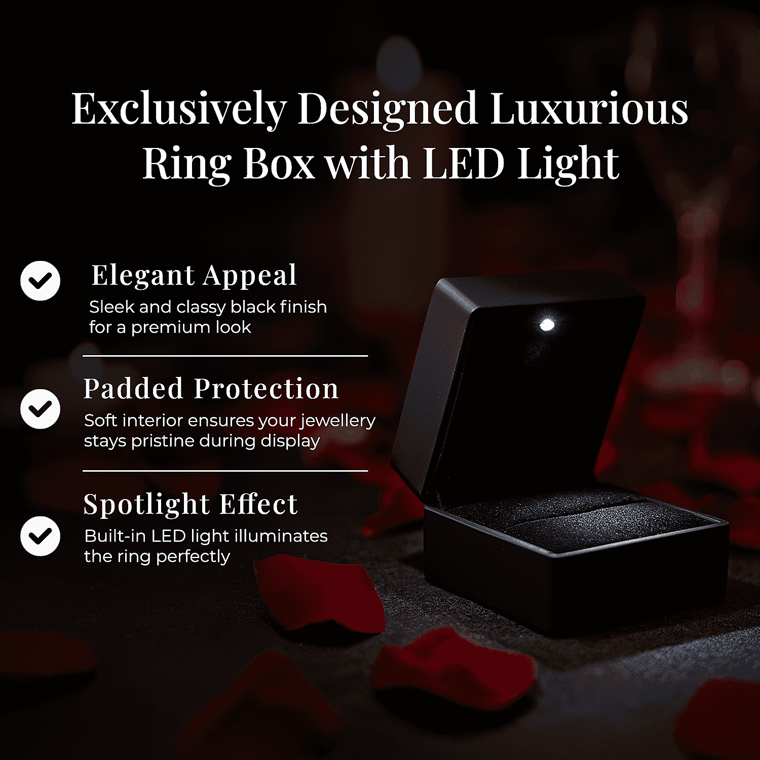 Stocking Filler Gift Idea - Elegant Black Ring Box with LED Light (Up to 2 Rings)