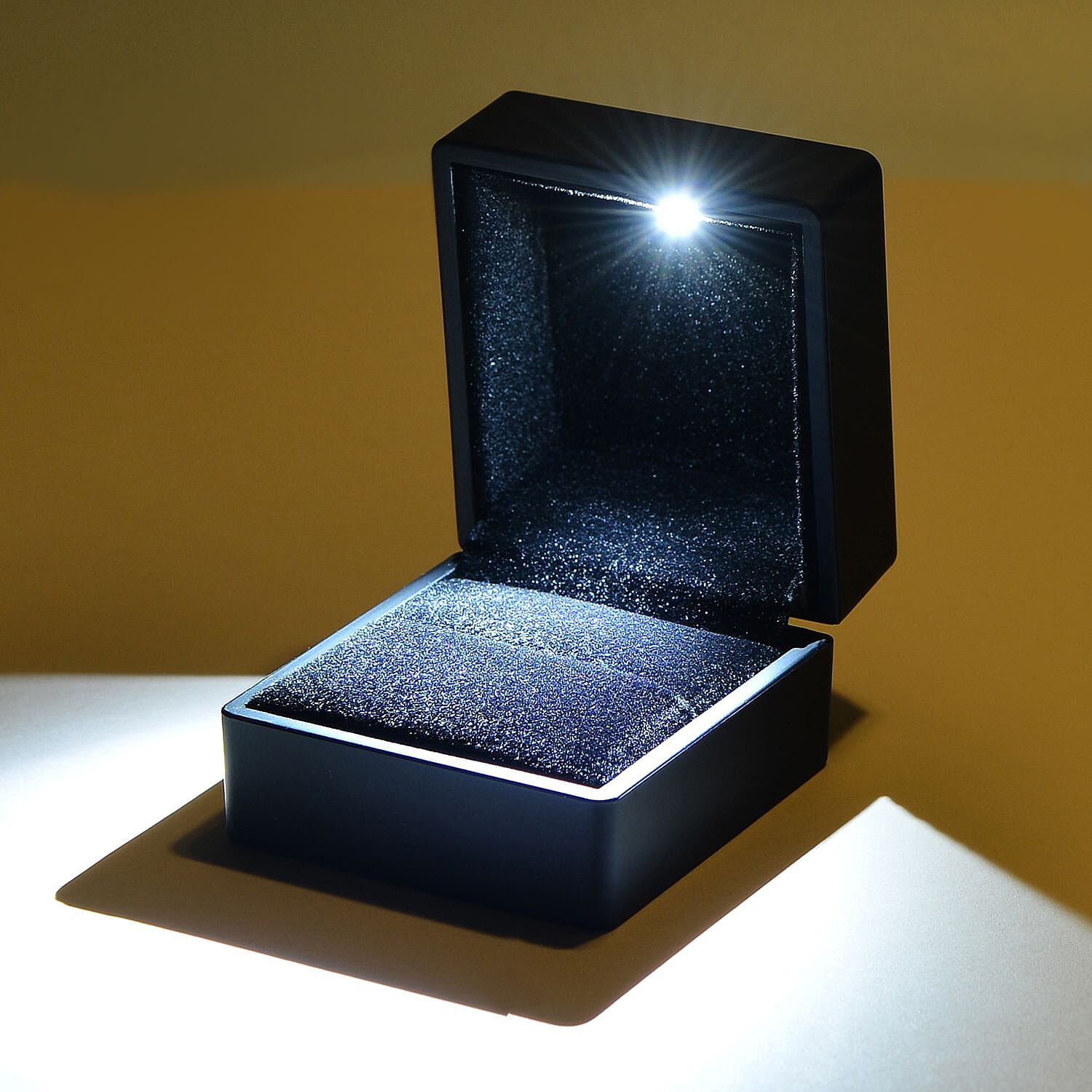 Stocking Filler Gift Idea - Solid Black Colour Ring Box with LED Light (Size 6.3x6x5 Cm)