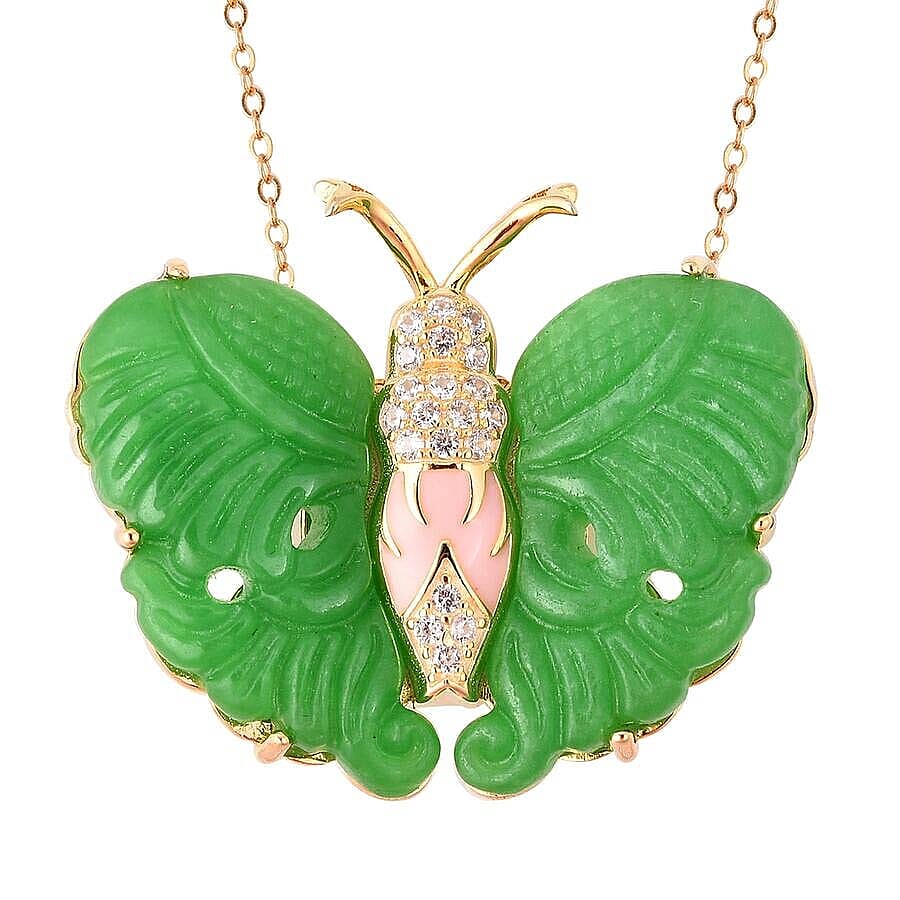 Carved Green Jade, Natural White Cambodian Zircon Butterfly Pendant with Chain (Size 18) or Brooch in Enamelling Yellow Gold Overlay Sterling Silver 27.15 Ct, Silver wt 8.36 Gms
