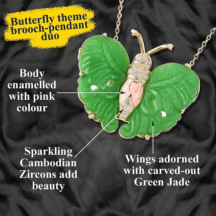 Carved Green Jade, Natural White Cambodian Zircon Butterfly Pendant with Chain (Size 18) or Brooch in Enamelling Yellow Gold Overlay Sterling Silver 27.15 Ct, Silver wt 8.36 Gms