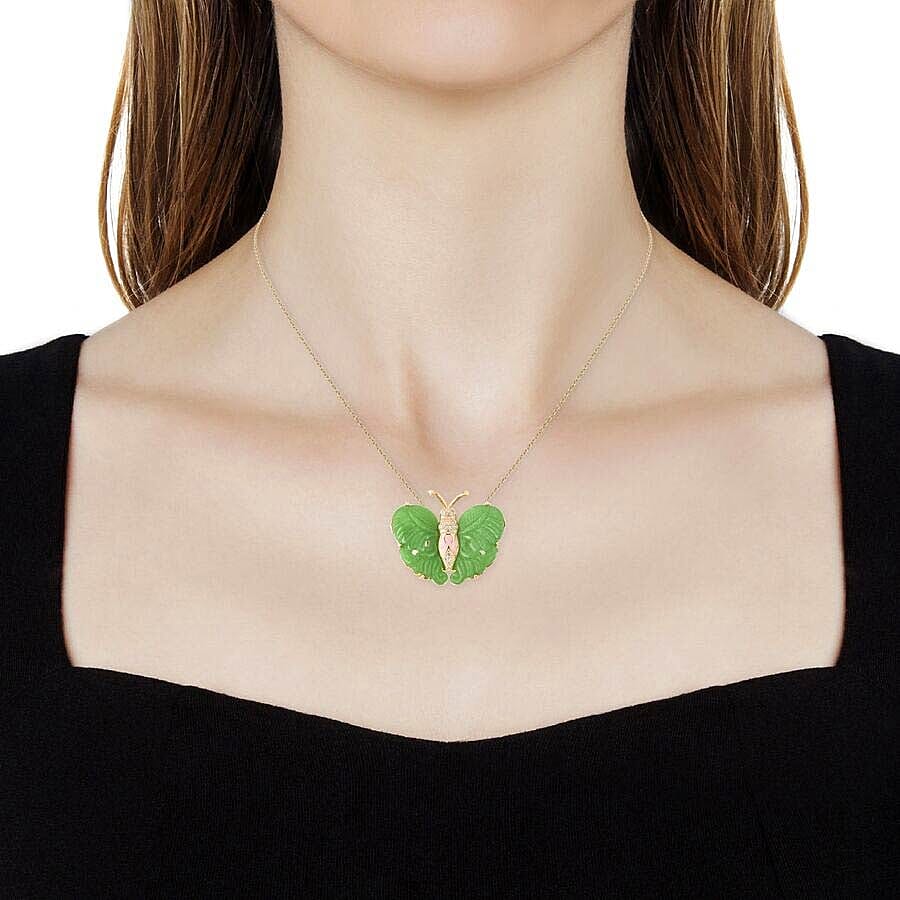 Carved Green Jade, Natural White Cambodian Zircon Butterfly Pendant with Chain (Size 18) or Brooch in Enamelling Yellow Gold Overlay Sterling Silver 27.15 Ct, Silver wt 8.36 Gms