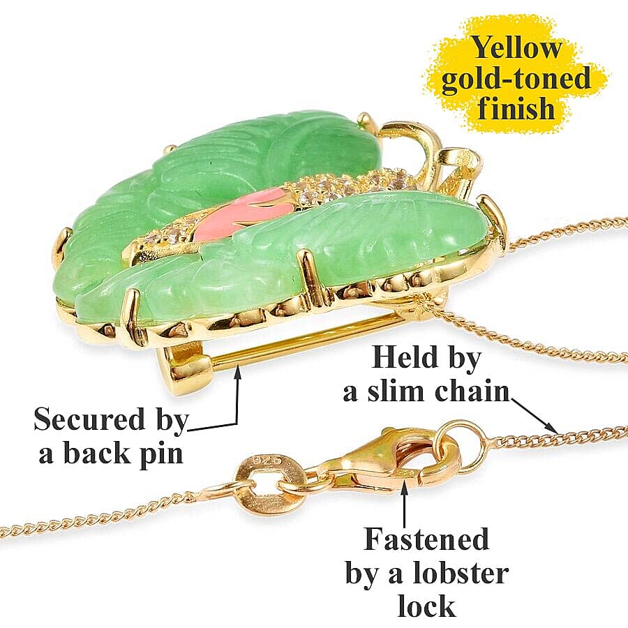 Carved Green Jade, Natural White Cambodian Zircon Butterfly Pendant with Chain (Size 18) or Brooch in Enamelling Yellow Gold Overlay Sterling Silver 27.15 Ct, Silver wt 8.36 Gms