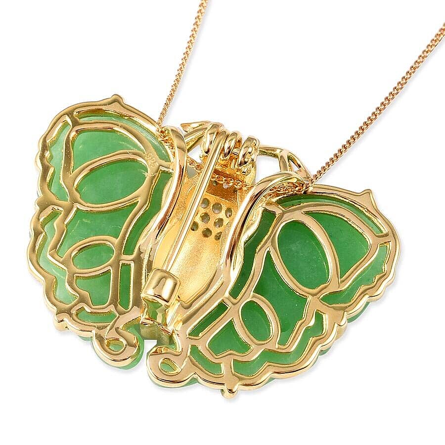 Carved Green Jade, Natural White Cambodian Zircon Butterfly Pendant with Chain (Size 18) or Brooch in Enamelling Yellow Gold Overlay Sterling Silver 27.15 Ct, Silver wt 8.36 Gms