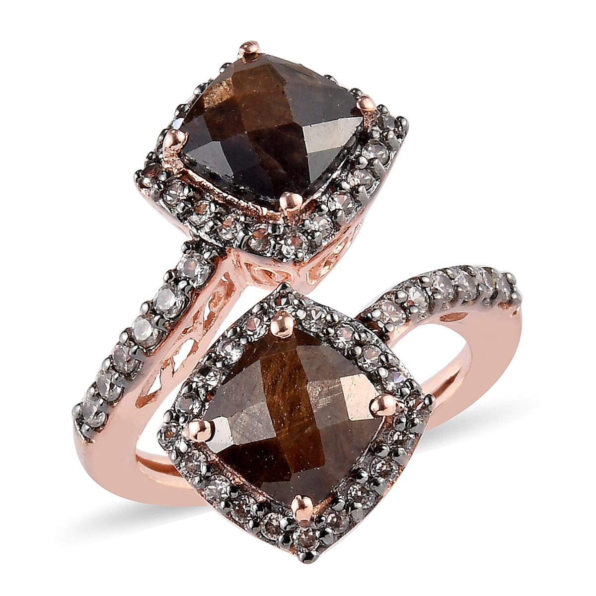 Zawadi Golden Sheen Sapphire (Cush 7x7 mm), Brown Zircon Bypass Ring in 18K Rose Gold Vermeil and Black Rhodium Overlay Sterling Silver 5.00 Ct.