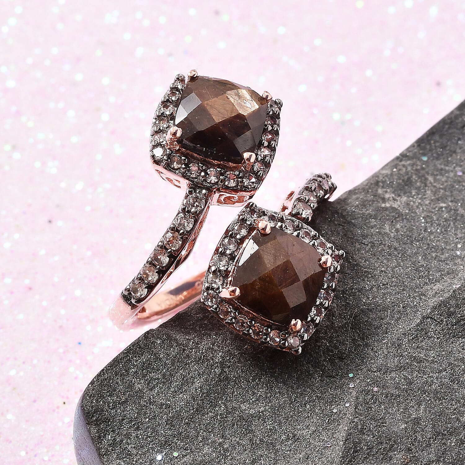 Zawadi Golden Sheen Sapphire (Cush 7x7 mm), Brown Zircon Bypass Ring in 18K Rose Gold Vermeil and Black Rhodium Overlay Sterling Silver 5.00 Ct.
