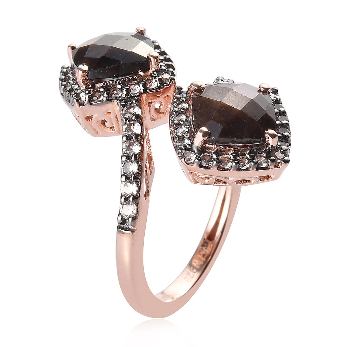 Zawadi Golden Sheen Sapphire (Cush 7x7 mm), Brown Zircon Bypass Ring in 18K Rose Gold Vermeil and Black Rhodium Overlay Sterling Silver 5.00 Ct.