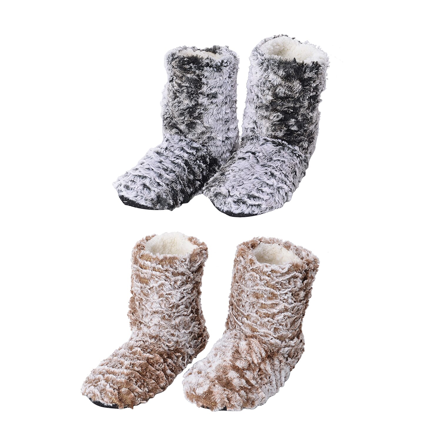 2 Piece Set - Faux Fur Sherpa Lined Home Booties (Size 25x18 Cm) - Brown and Grey