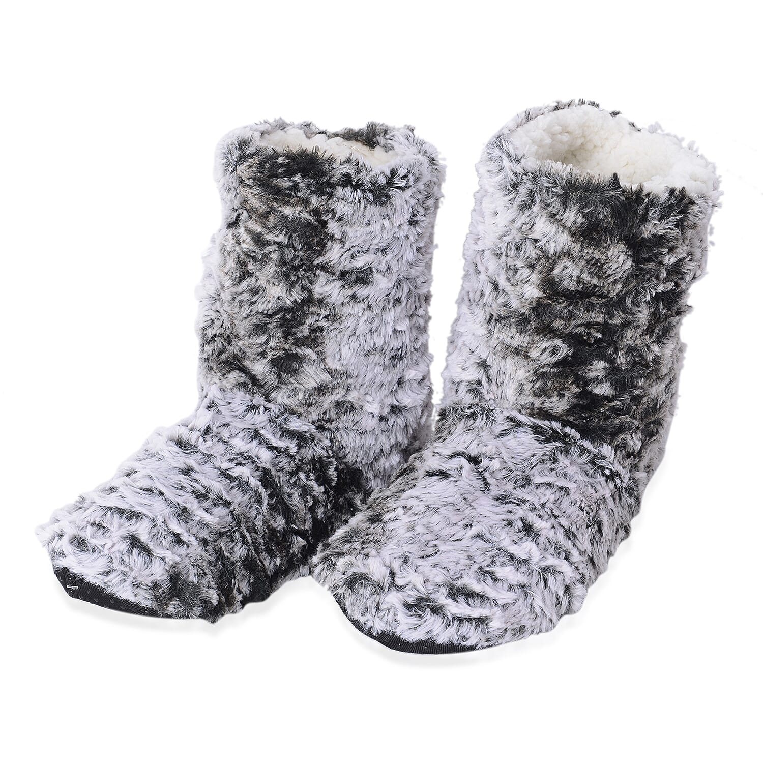 2 Piece Set - Faux Fur Sherpa Lined Home Booties (Size 25x18 Cm) - Brown and Grey