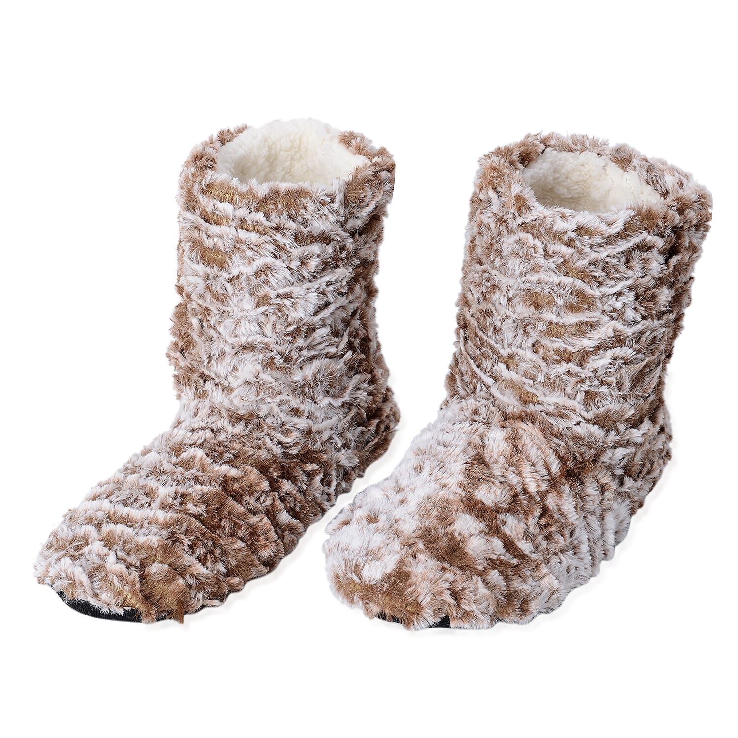 2 Piece Set - Faux Fur Sherpa Lined Home Booties (Size 25x18 Cm) - Brown and Grey