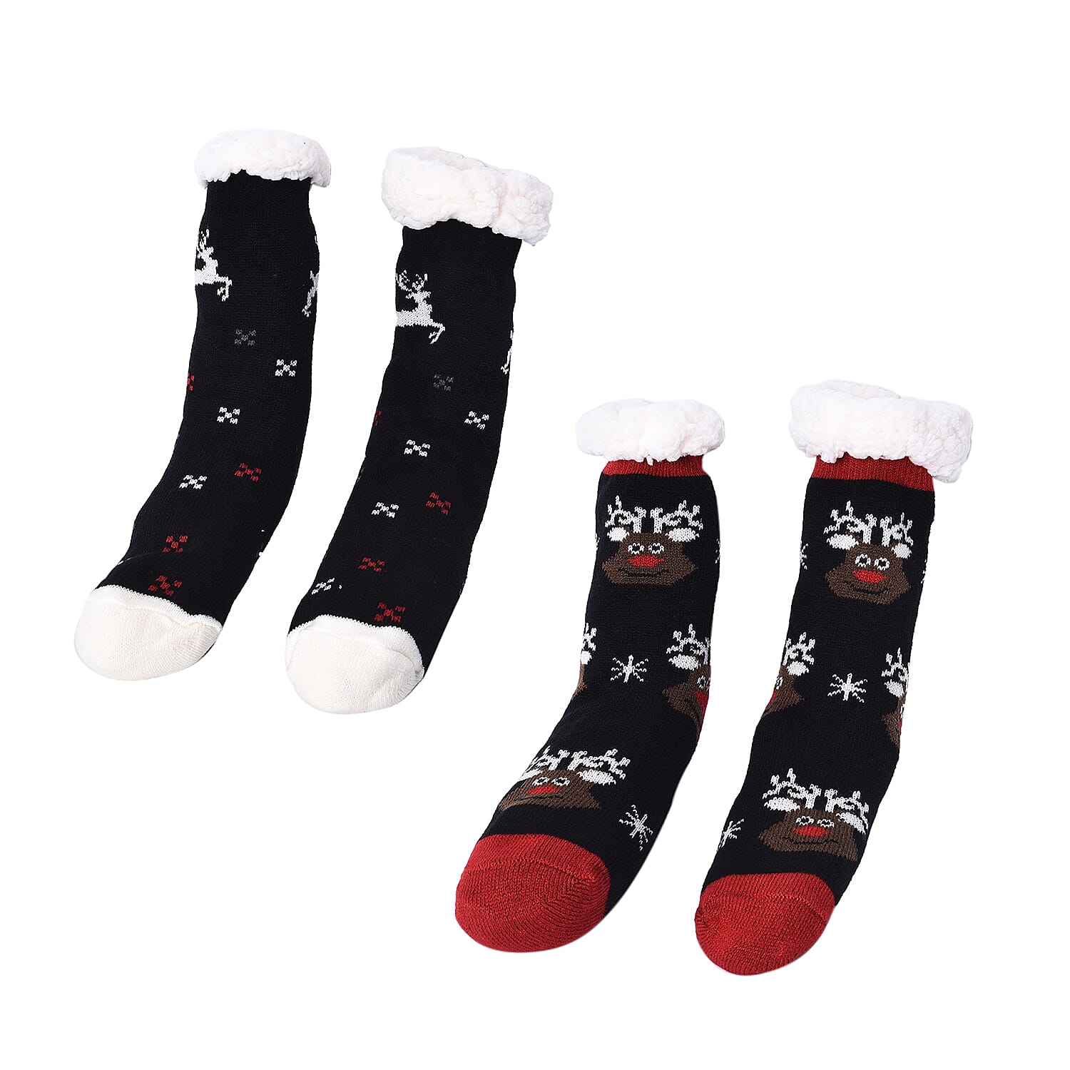 Set of 2 - Jacquard Knitted with Sherpa Lined Home Socks (Size 24 Cm) - Black