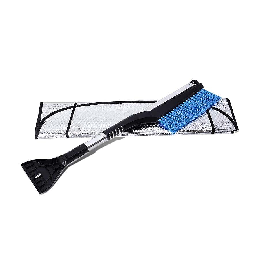2 Piece Set - Car Windshield Cover (128x60 Cm) with 2-in-1 Telescopic Snow Scraper and Brush (61-86 Cm) - Silver, Black and Blue