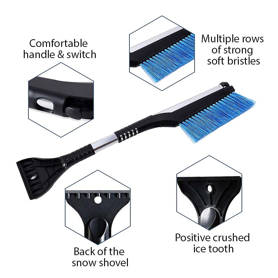 2 Piece Set - Car Windshield Cover (128x60 Cm) with 2-in-1 Telescopic Snow Scraper and Brush (61-86 Cm) - Silver, Black and Blue