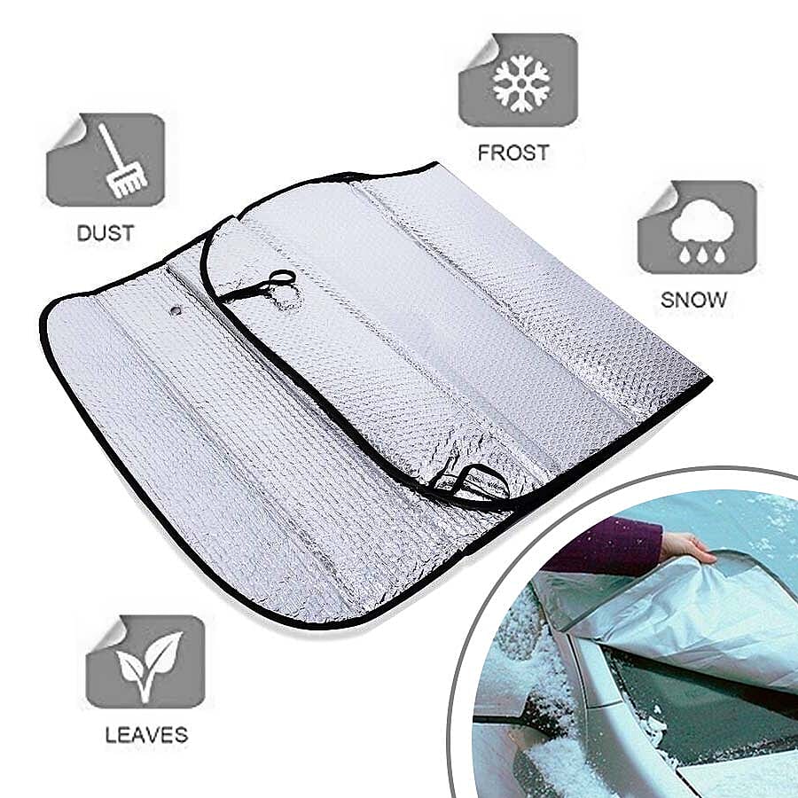 2 Piece Set - Car Windshield Cover (128x60 Cm) with 2-in-1 Telescopic Snow Scraper and Brush (61-86 Cm) - Silver, Black and Blue