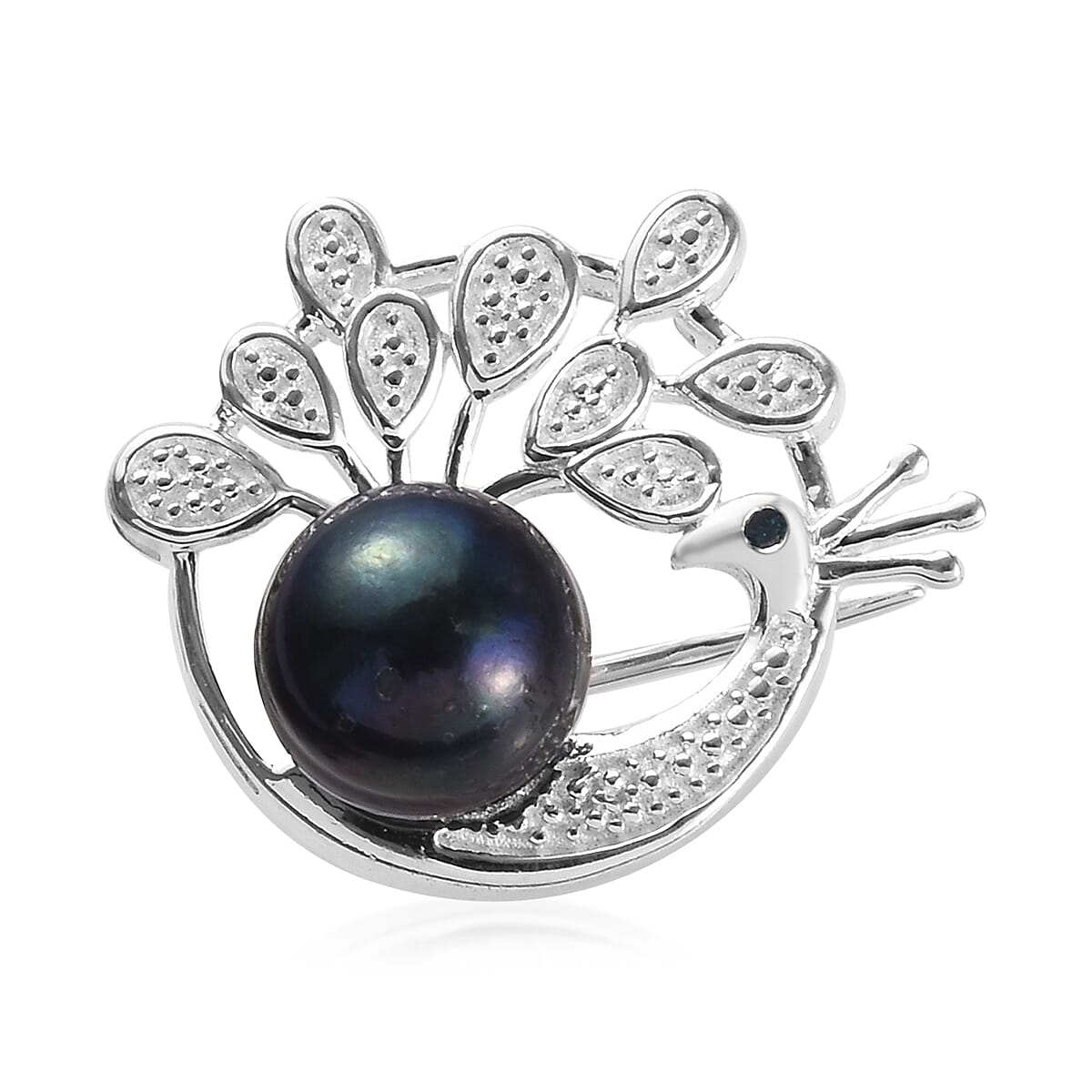 Freshwater Peacock Pearl and Blue Diamond Peacock Brooch in Sterling Silver, Silver wt 5.90 Gms
