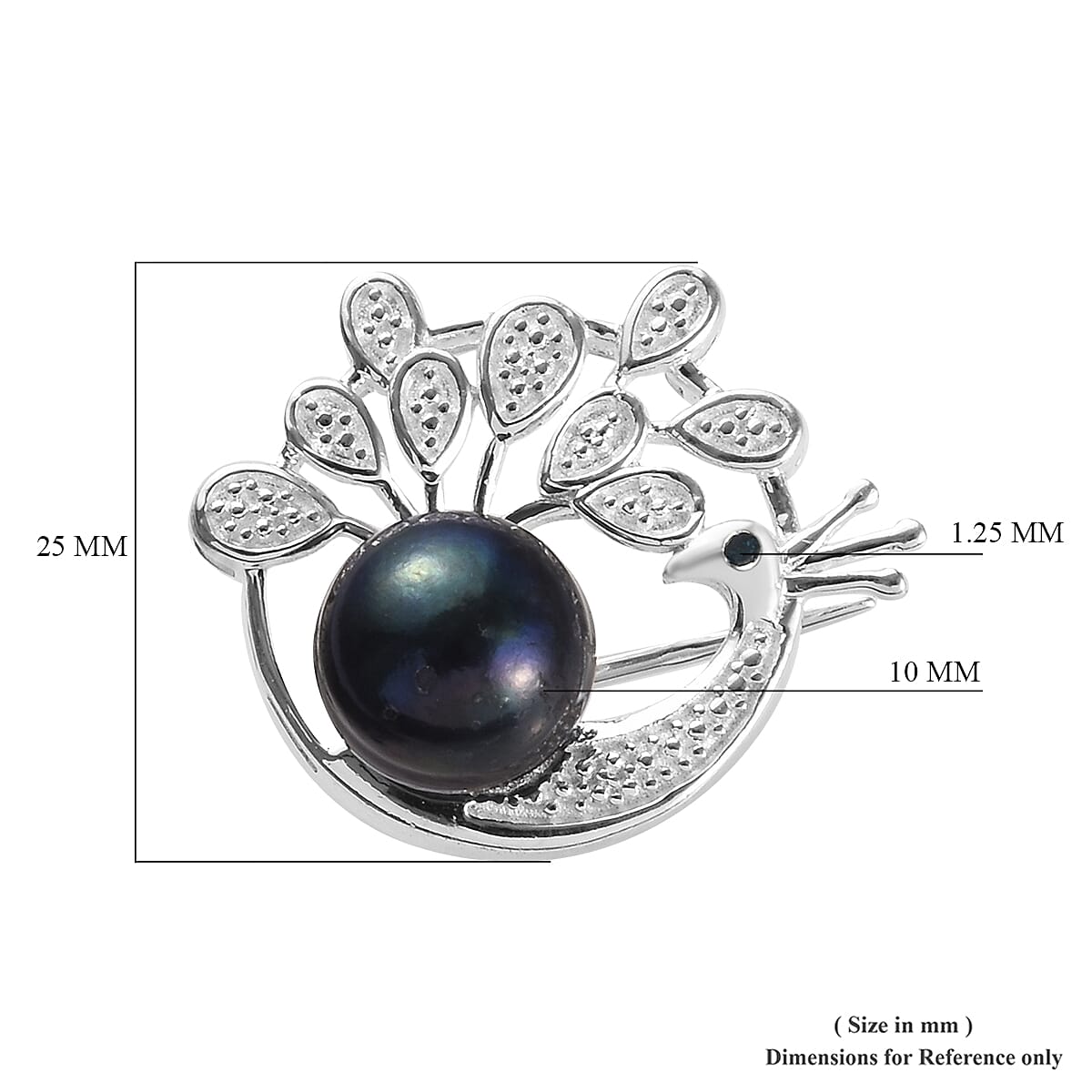 Freshwater Peacock Pearl and Blue Diamond Peacock Brooch in Sterling Silver, Silver wt 5.90 Gms