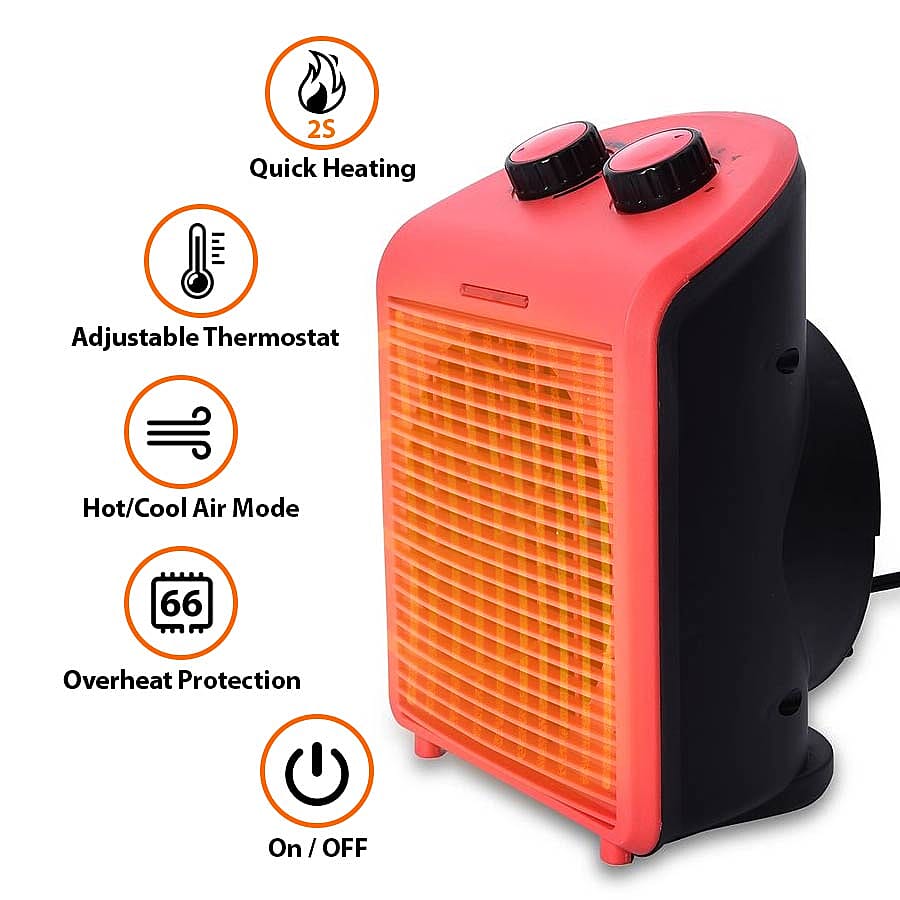 1000W/2000W Electric Fan Heater with 2 Heat and 1 Cold Speed Setting (Size 25x19x13 Cm) - Red