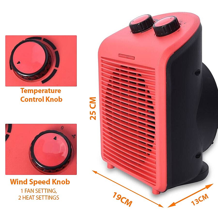 1000W/2000W Electric Fan Heater with 2 Heat and 1 Cold Speed Setting (Size 25x19x13 Cm) - Red