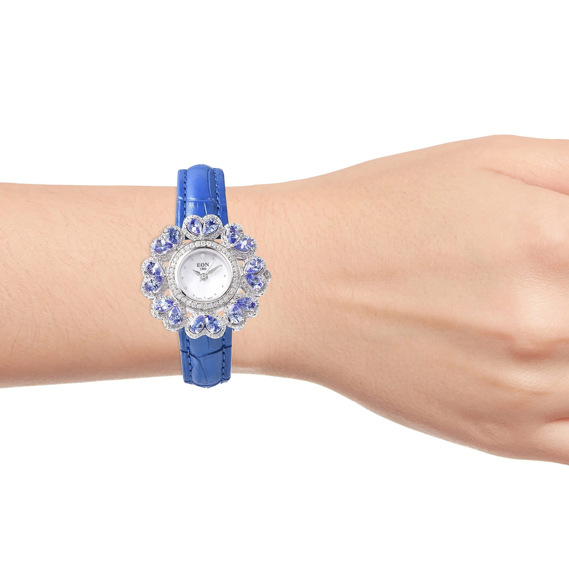 Limitedly Available - EON Swiss Movement Tanzanite (Pear 6x4 mm), Diamond (1.5mm) and Natural Cambodian Zircon Sterling Silver Watch with Leather Strap (Gem Wt.12.68 Ct. Silver Wt. 18.50 Gms)