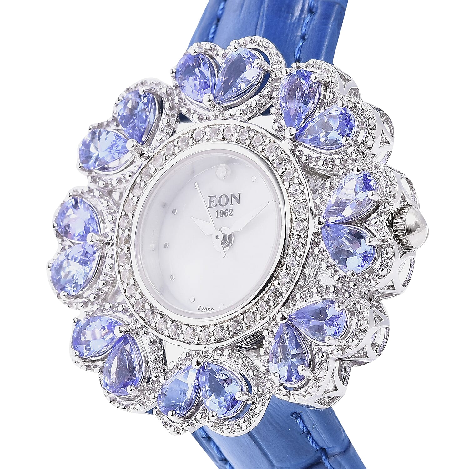 Limitedly Available - EON Swiss Movement Tanzanite (Pear 6x4 mm), Diamond (1.5mm) and Natural Cambodian Zircon Sterling Silver Watch with Leather Strap (Gem Wt.12.68 Ct. Silver Wt. 18.50 Gms)