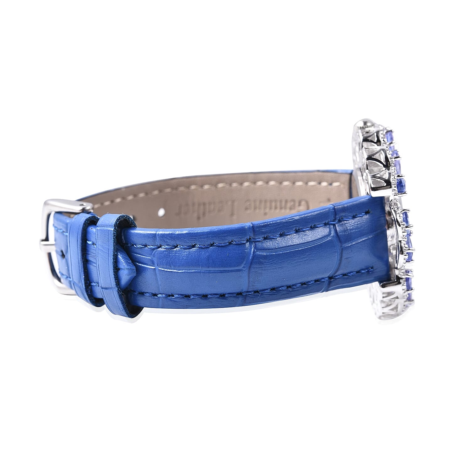 Limitedly Available - EON Swiss Movement Tanzanite (Pear 6x4 mm), Diamond (1.5mm) and Natural Cambodian Zircon Sterling Silver Watch with Leather Strap (Gem Wt.12.68 Ct. Silver Wt. 18.50 Gms)