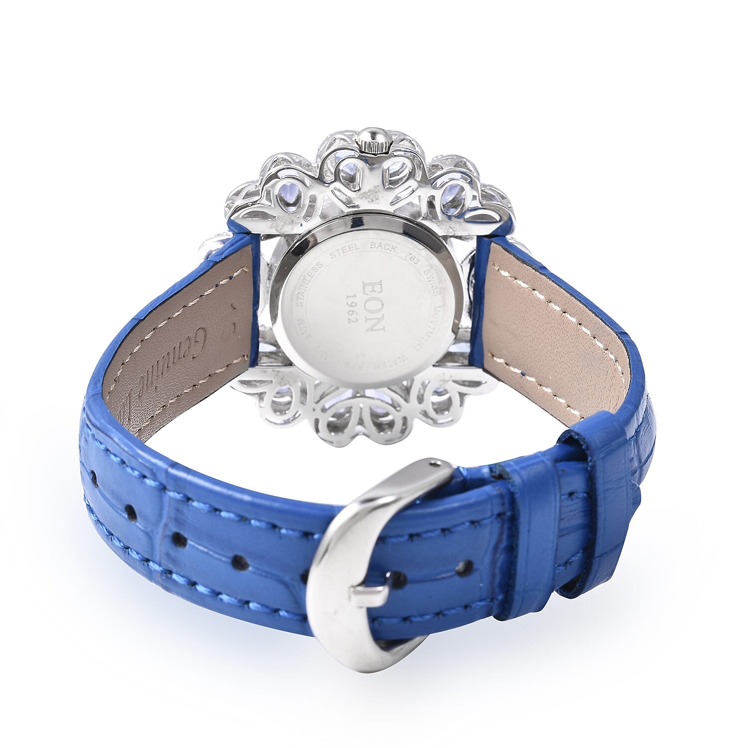 Limitedly Available - EON Swiss Movement Tanzanite (Pear 6x4 mm), Diamond (1.5mm) and Natural Cambodian Zircon Sterling Silver Watch with Leather Strap (Gem Wt.12.68 Ct. Silver Wt. 18.50 Gms)