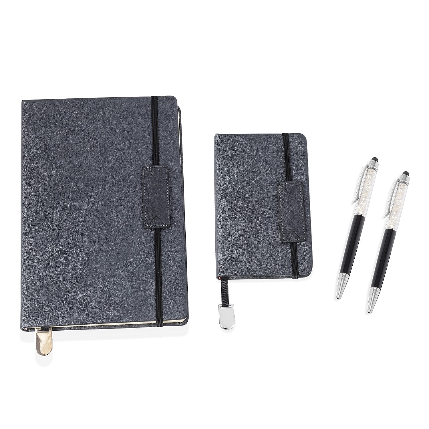 4 Piece Set - A5,A6 Notebook (Size 14.5x21 and 9x14 Cm) and 2 Crystal Filled Pens - Black