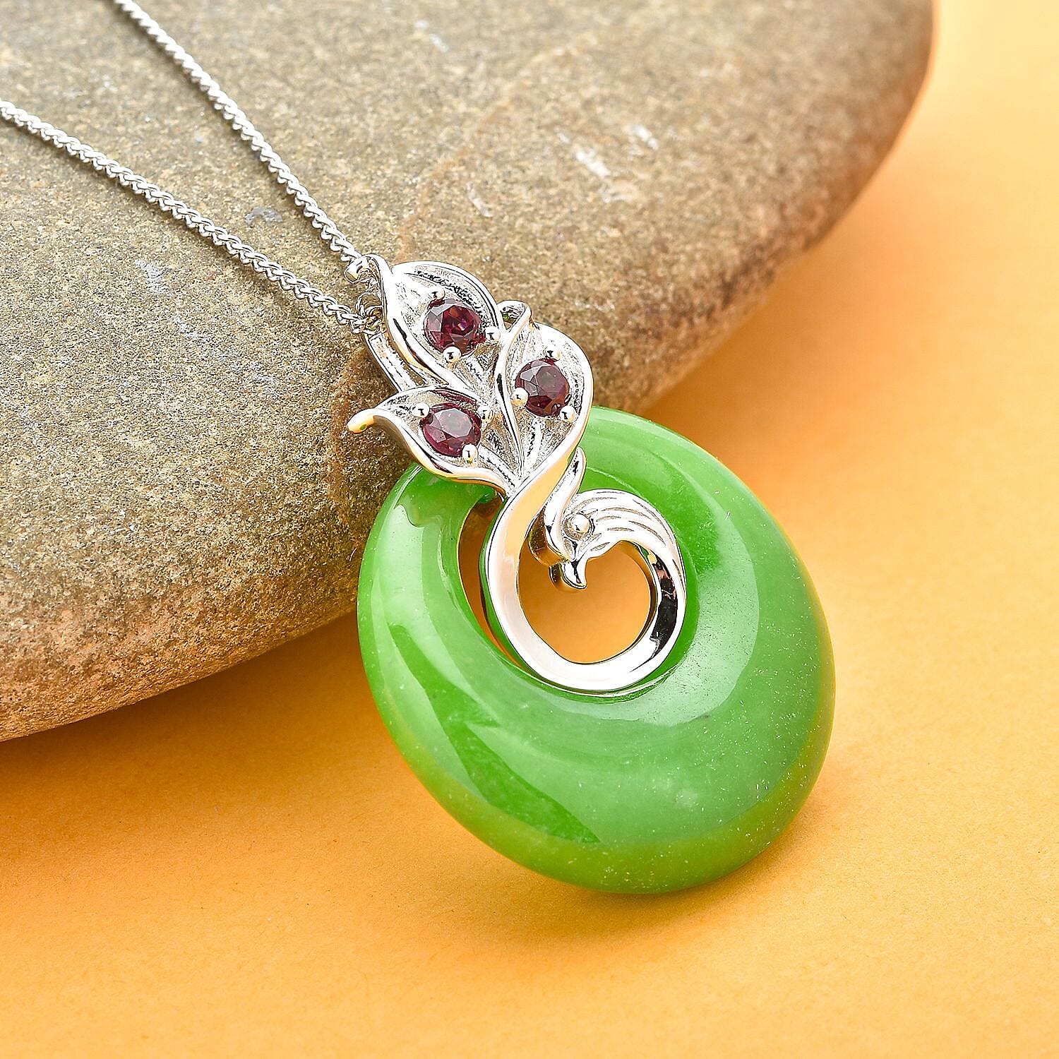 Green Jade and Rhodolite Garnet Pendant with Chain (Size 18) in Rhodium Overlay Sterling Silver.