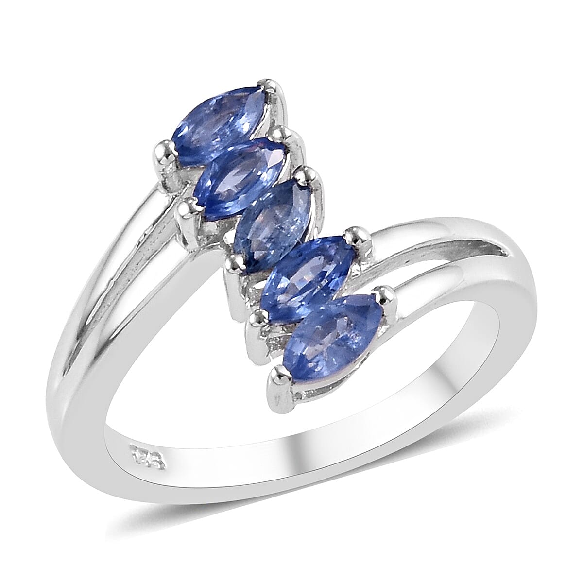 Blue Sapphire 5 Stone Ring in Platinum Overlay Sterling Silver 1.000 Ct.