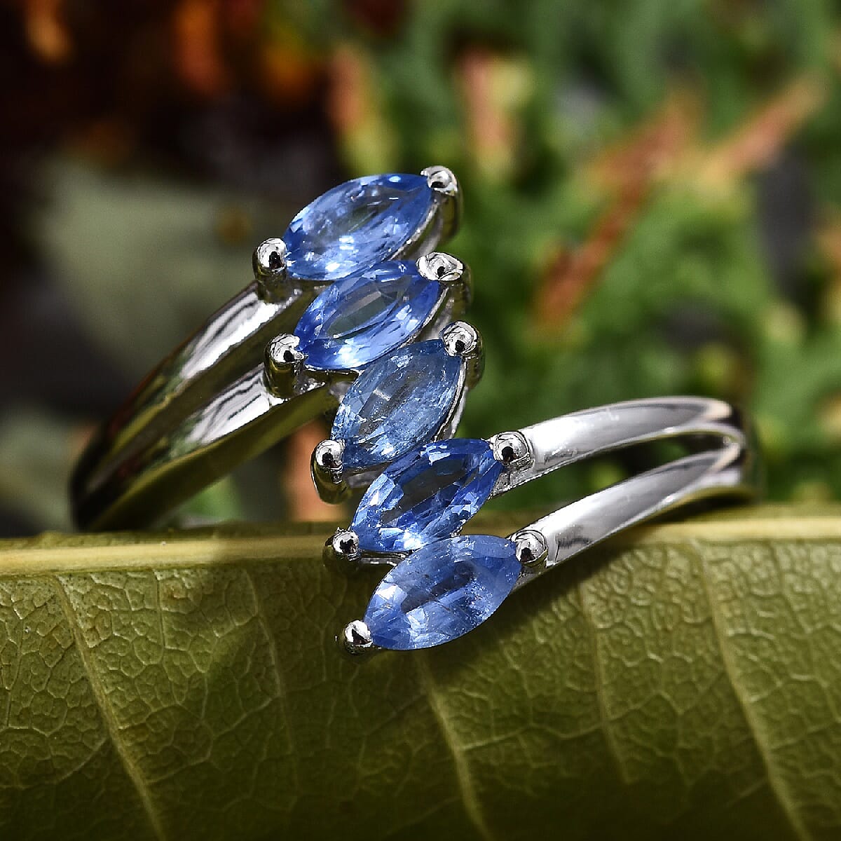 Blue Sapphire 5 Stone Ring in Platinum Overlay Sterling Silver 1.000 Ct.