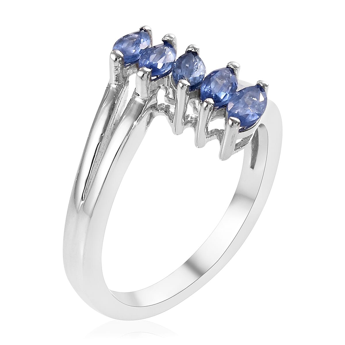 Blue Sapphire 5 Stone Ring in Platinum Overlay Sterling Silver 1.000 Ct.