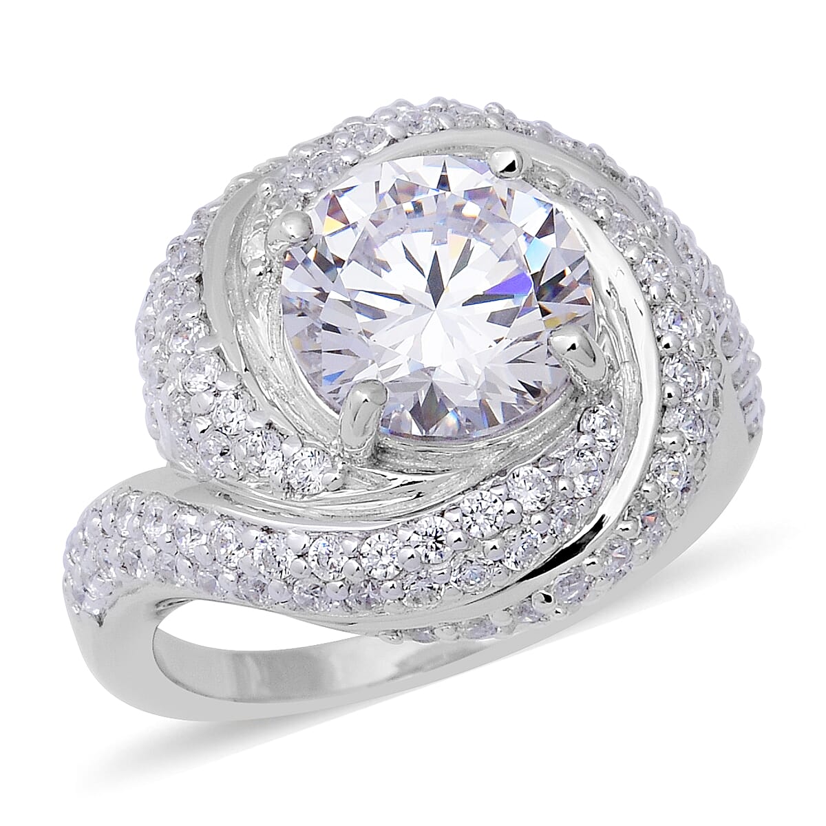 ELANZA Swiss Star Simulated Diamond (Rnd) Swirl Ring in Rhodium Overlay Sterling Silver, Silver wt 7.93 Gms