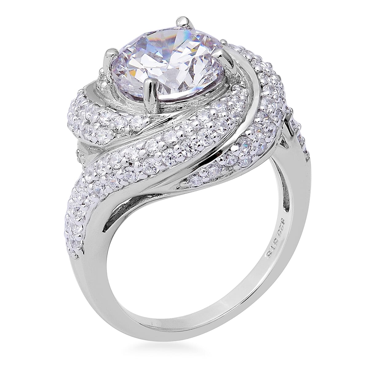 ELANZA Swiss Star Simulated Diamond (Rnd) Swirl Ring in Rhodium Overlay Sterling Silver, Silver wt 7.93 Gms