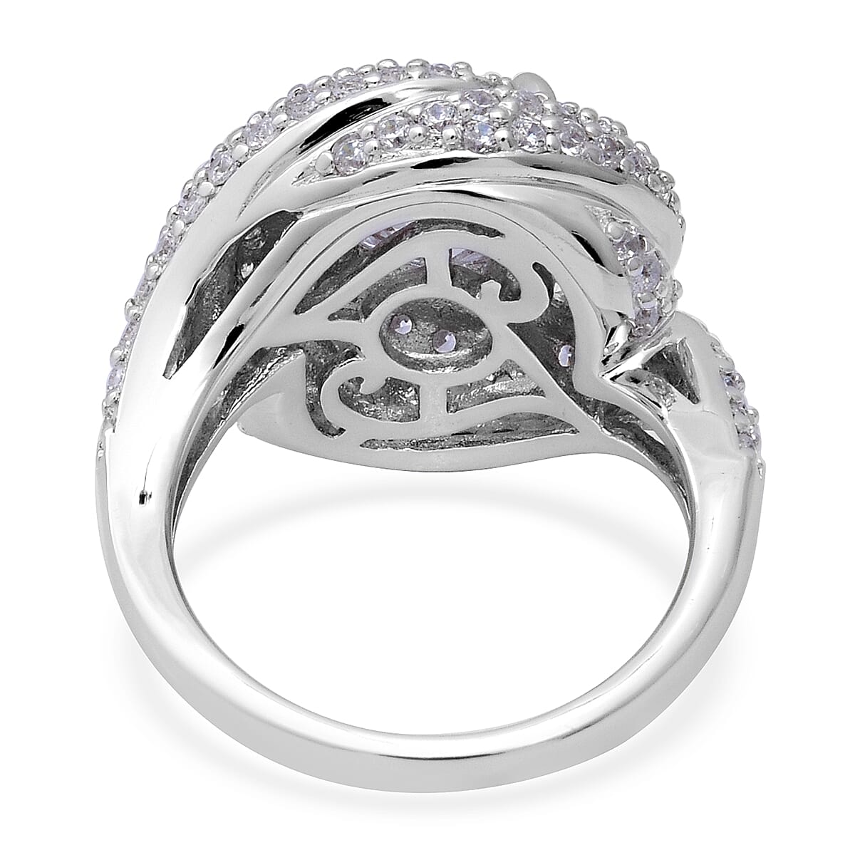 ELANZA Swiss Star Simulated Diamond (Rnd) Swirl Ring in Rhodium Overlay Sterling Silver, Silver wt 7.93 Gms