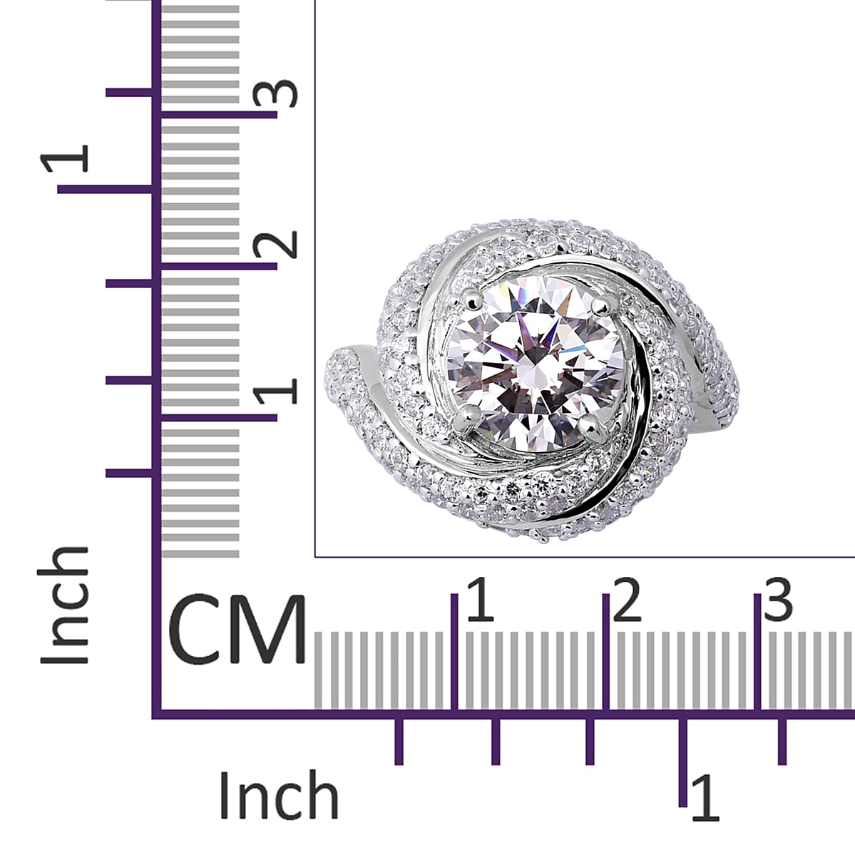 ELANZA Swiss Star Simulated Diamond (Rnd) Swirl Ring in Rhodium Overlay Sterling Silver, Silver wt 7.93 Gms