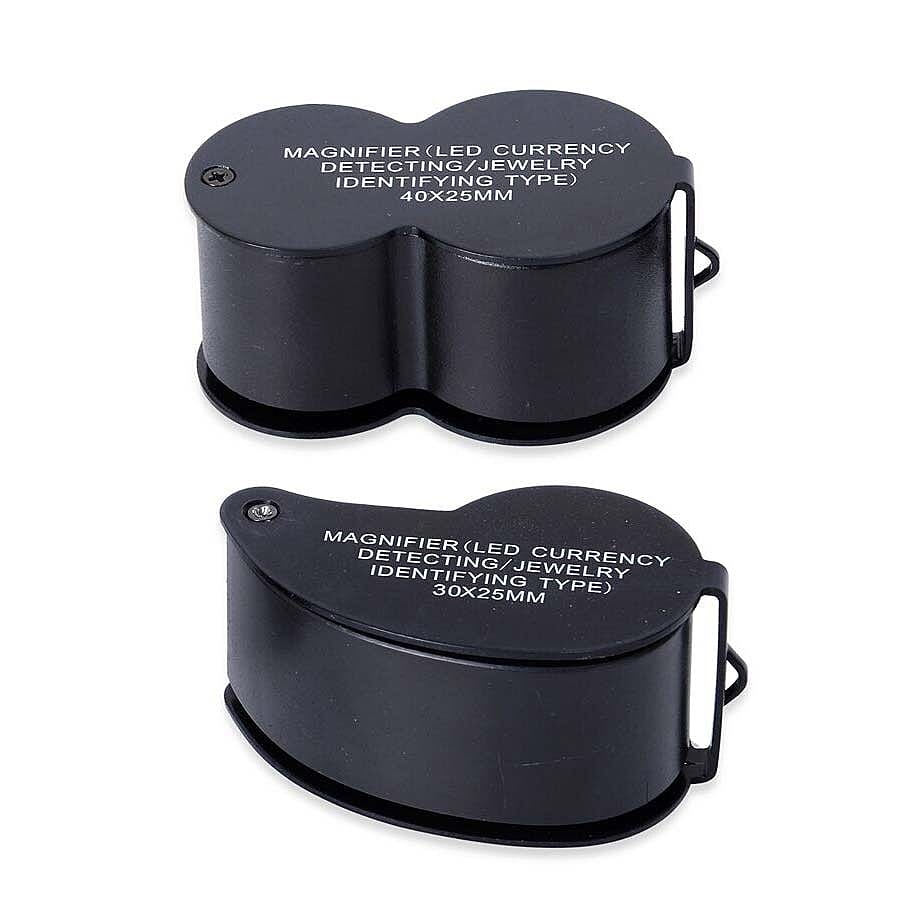 Set of 2 - Jewellery Magnifier with UV & LED Light (Included 3 x LR1130 Batteries) - Black Colour