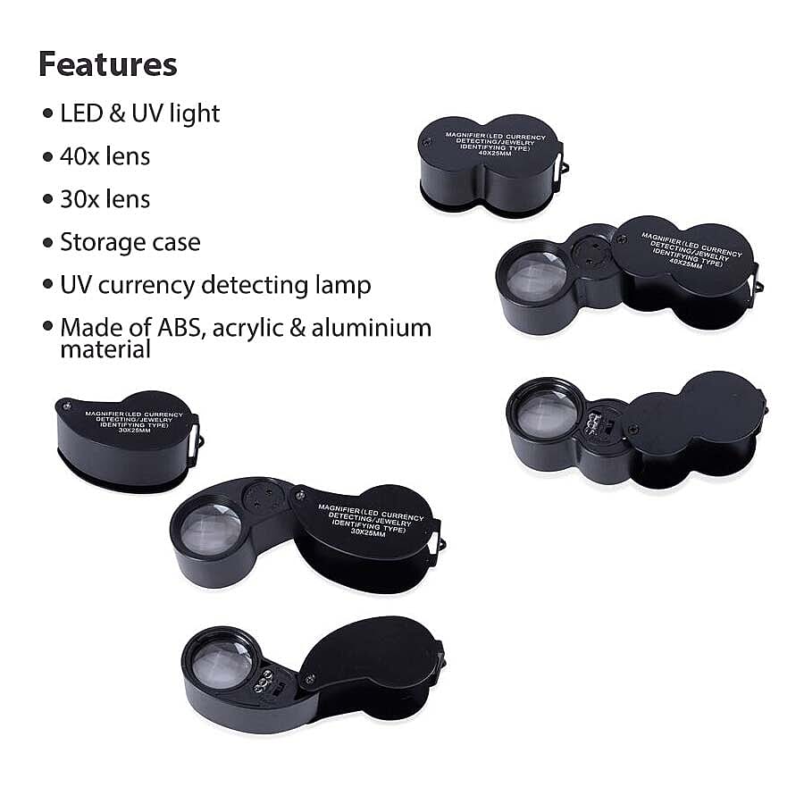 Set of 2 - Jewellery Magnifier with UV & LED Light (Included 3 x LR1130 Batteries) - Black Colour