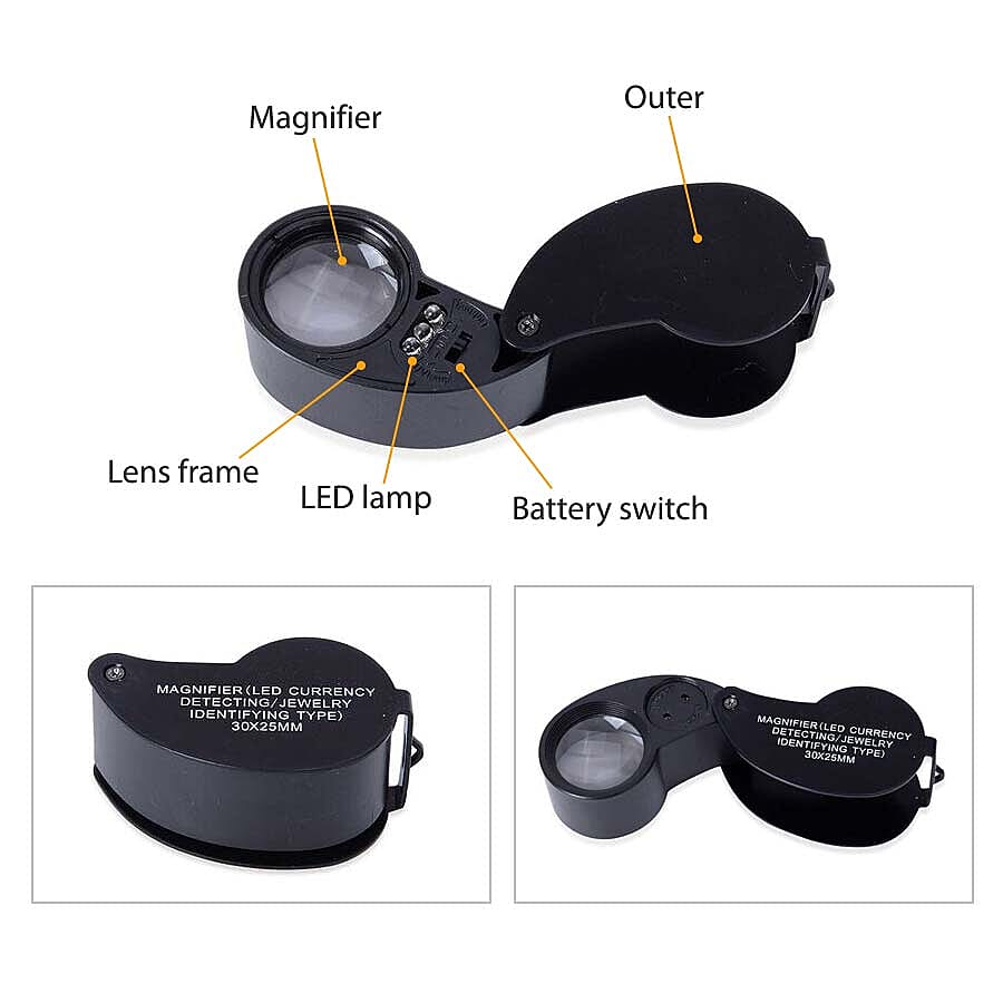 Set of 2 - Jewellery Magnifier with UV & LED Light (Included 3 x LR1130 Batteries) - Black Colour