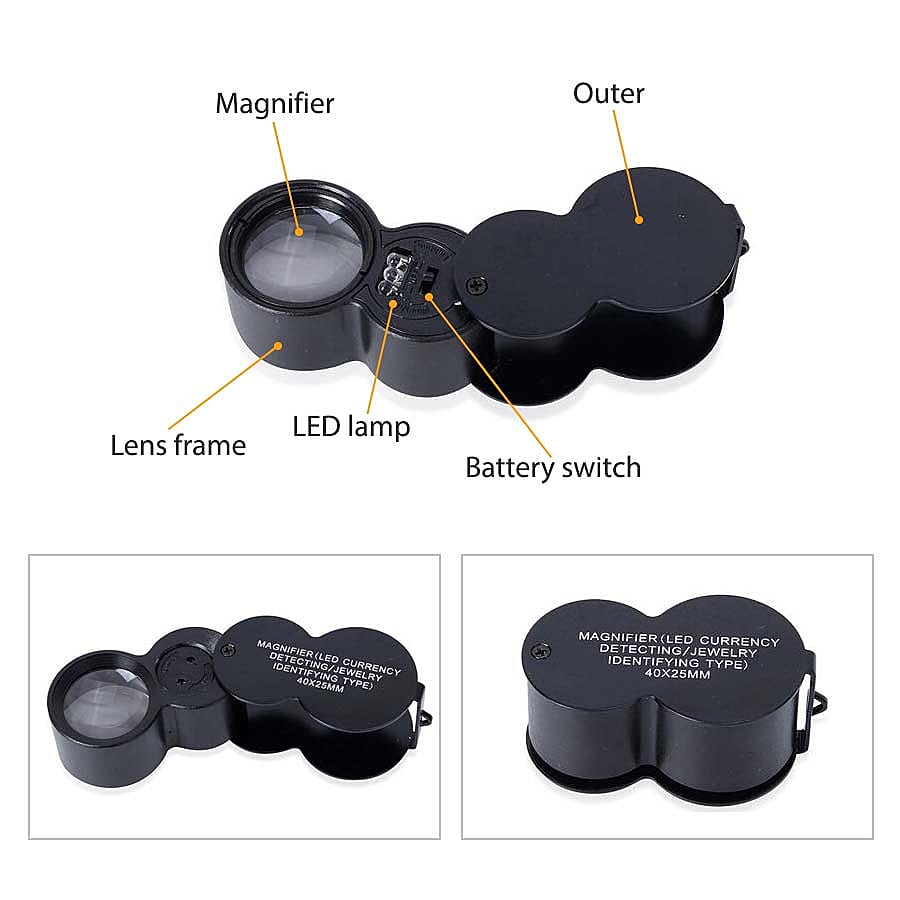 Set of 2 - Jewellery Magnifier with UV & LED Light (Included 3 x LR1130 Batteries) - Black Colour