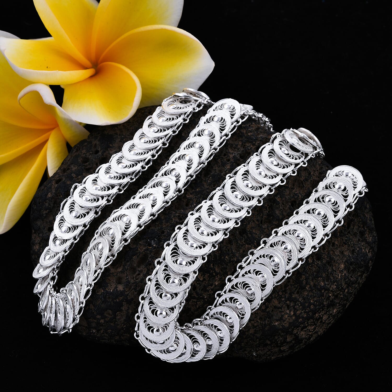 Royal Bali Collection - Sterling Silver Filigree Circle Link Necklace (Size 18 with 2 inch Extender), Silver wt 28.23 Gms