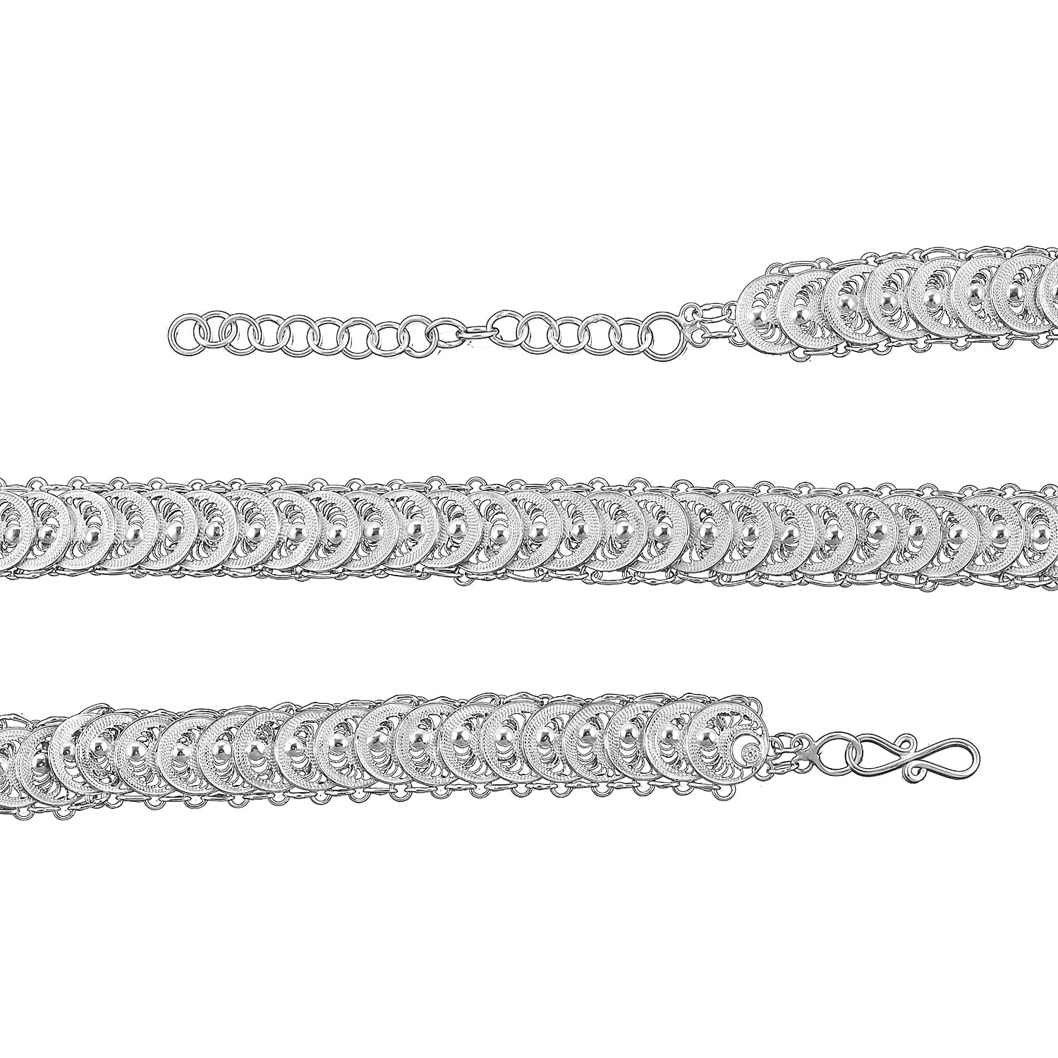 Royal Bali Collection - Sterling Silver Filigree Circle Link Necklace (Size 18 with 2 inch Extender), Silver wt 28.23 Gms
