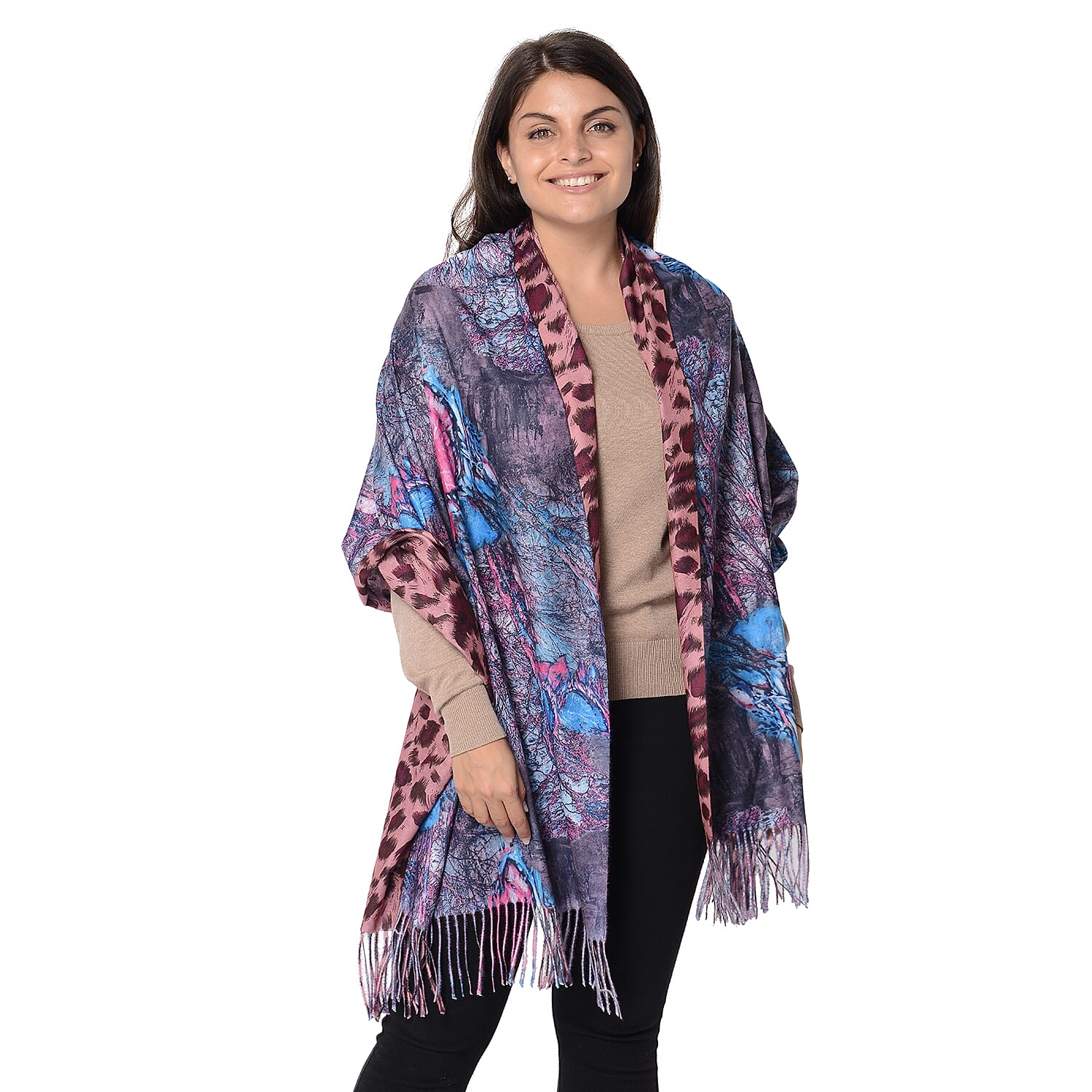 Reversible Digital Printed Leopard and Butterfly Pattern Scarf with Tassel (Size 70x180 Cm) - Pink and Multi