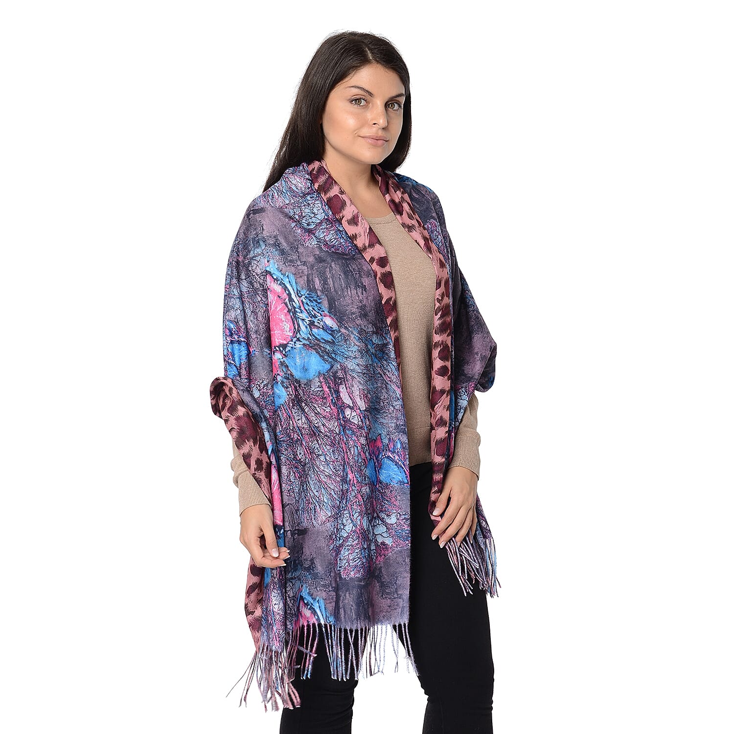 Reversible Digital Printed Leopard and Butterfly Pattern Scarf with Tassel (Size 70x180 Cm) - Pink and Multi