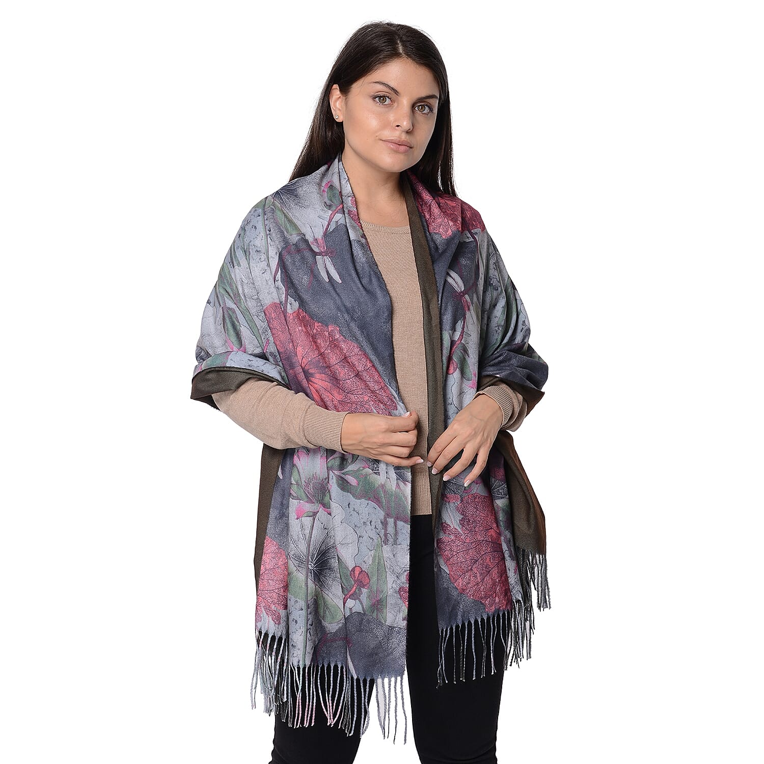 Winter Reversible Digital Printed Lotus Pattern Scarf with Tassel (Size 70x180 Cm) - Dark Green and Rust Red